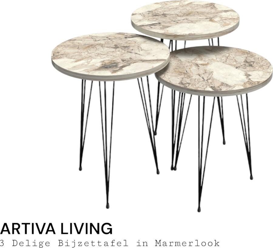 Artiva Bijzettafels Salontafels Salontafel Marmerlook Bijzettafel Beige Set van 3 Luxe Design 34X34 cm Salontafel Rond Salon Tafel