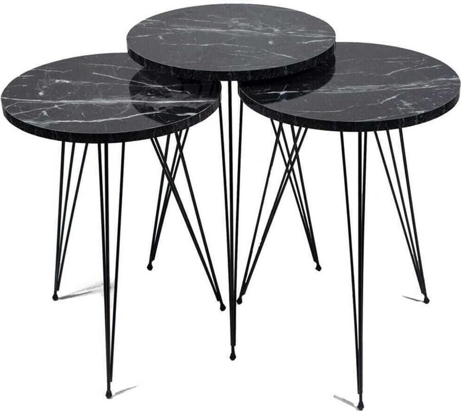 Artiva Bijzettafels Salontafels Salontafel Zwart Marmerlook Bijzettafel Zwart Set van 3 Luxe Design 34X34 cm Salontafel Rond Salon Tafel