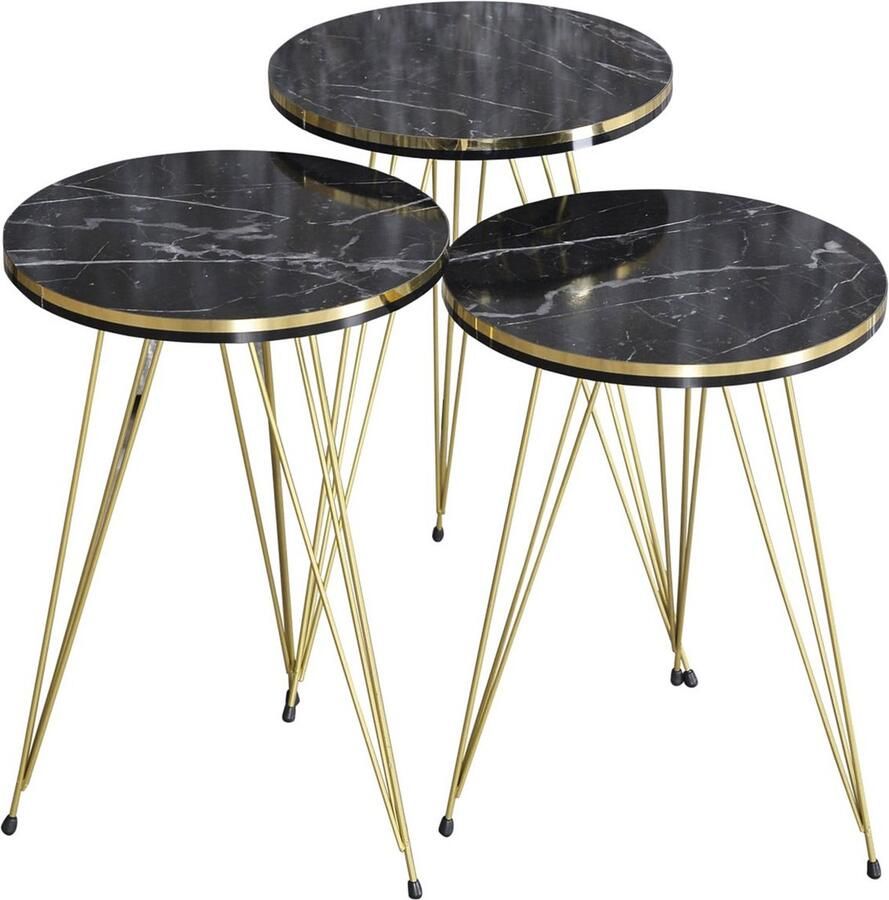 Artiva Bijzettafels Zwart Goud Marmerlook Bijzettafel Zwart Set van 3 Luxe Design 34X34 cm Salontafel Rond