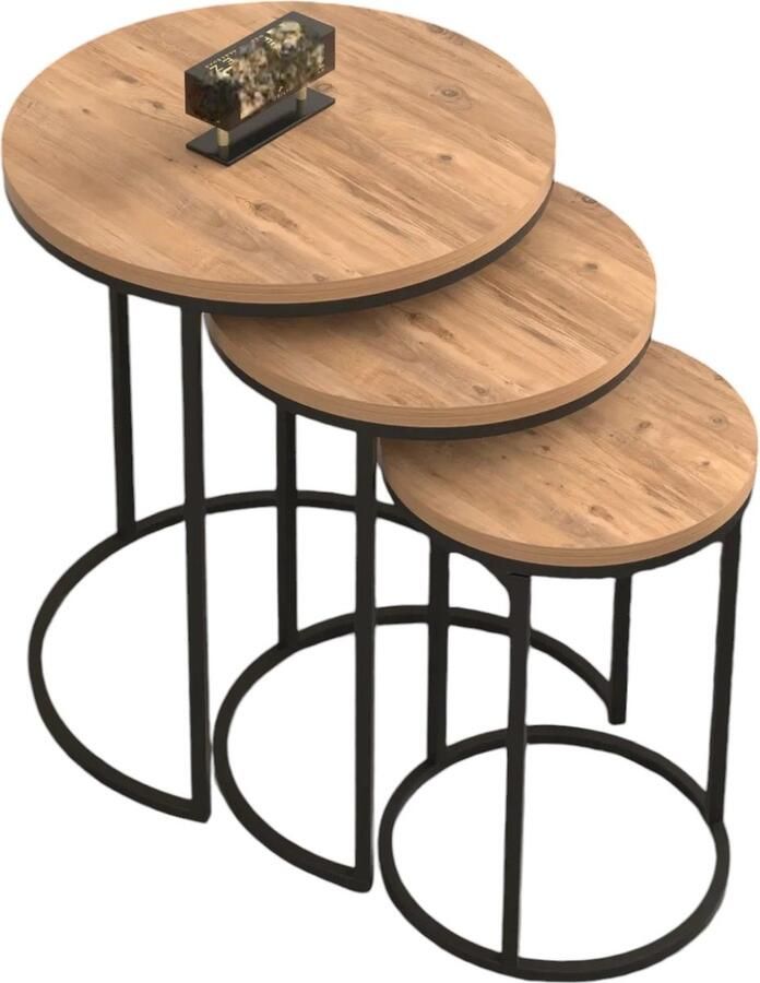 Artiva Houten Bijzettafels Set van 3 Bijzettafel Tafel Salontafels rond Hout & Zwart Salon Tafel Bijzettafels