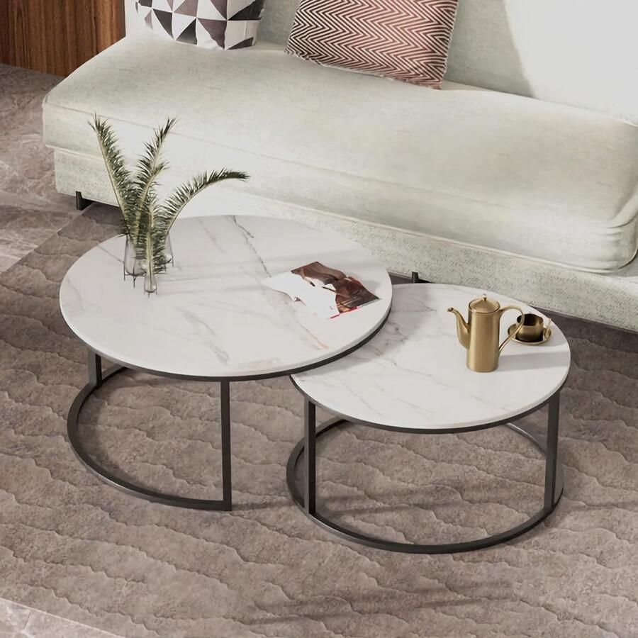 LUXALIVING Moderne Salontafel Marmer Set van 2 Marmer-Metaal Salontafel Set Bijzettafel Koffietafel Zwart Wit 80 en 60 cm