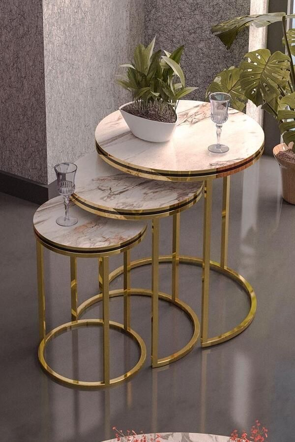 Artiva Salontafel Set van 3 Marmerlook Bijzettafel Woonkamer Tafel Salontafels rond Goud & Grijs Salon Tafel Bijzettafels