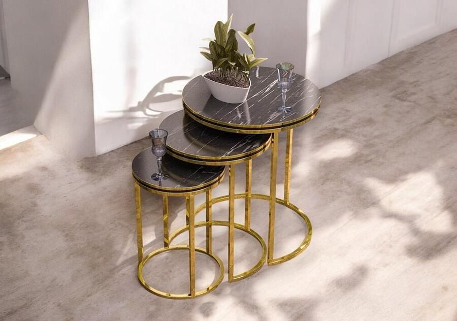 Artiva Salontafel Set van 3 Marmerlook Bijzettafel Woonkamer Tafel Salontafels rond Goud & Zwart Salon Tafel Bijzettafels