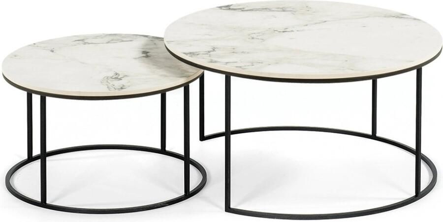 Artiva Salontafel van Licht Bruin Marmerlook Salontafels Rond Set van 2 Salontafels rond Ø70 Ø60 Gecoat frame Bijzettafels