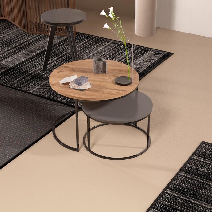 Artiva Salontafels Rond 2 delig Salontafel Rond Set van 2 Salontafels rond Houtkleur & Grijs Ø70 Ø60 Gecoat frame Bijzettafels