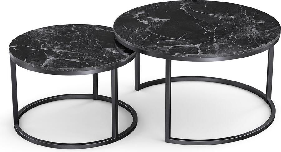 Artiva Salontafels Rond 2 Delig Zwart Marmerlook Salontafel Rond Set van 2 Salontafels rond Ø70 Ø60 Gecoat frame Bijzettafels