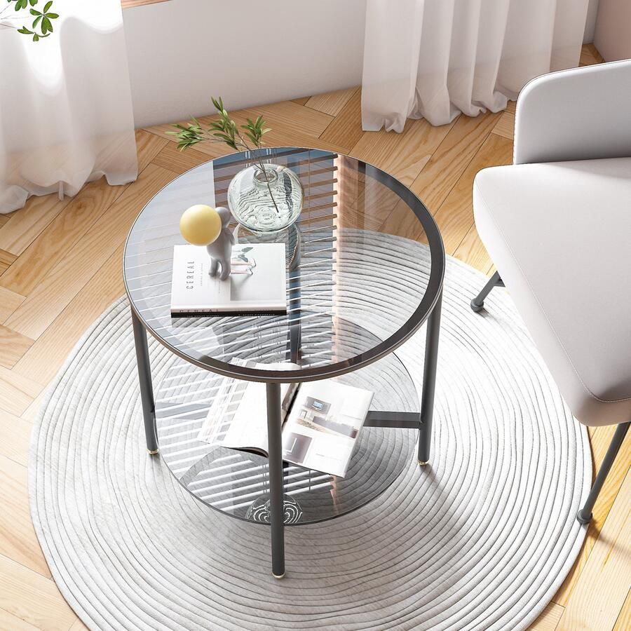 Artloge Bijzettafel rond salontafel glazen tafel met metalen frame 50x50cm 2-laags gehard glas bijzettafeltje sofatafel voor woonkamer slaapkamer kantoor grijs getint