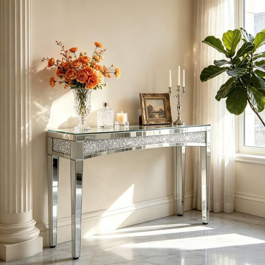 Artloge Consoletafel Wandtafel Zilver 120L x 35B x 80H cm Spiegel Haltafel Sidetable Console Tafel Bijzettafel Moderne Tafel Decoratieve Diamant Rand - Foto 2