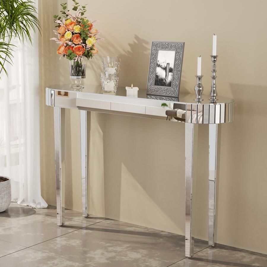 Artloge Consoletafel Wandtafel Zilver 120L x 32B x 80H cm Spiegel Consoletafel Sidetable Haltafel Moderne Bijzettafel Art Deco Meubel Decoratieve Spiegel Rand