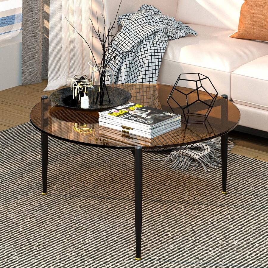 Artloge Salontafel Bijzettafel Rond Koffietafel 80 x 40 cm Getint Bruin Gehard Glas met Zwart Metalen Frame Woonkamer Slaapkamer kantoor