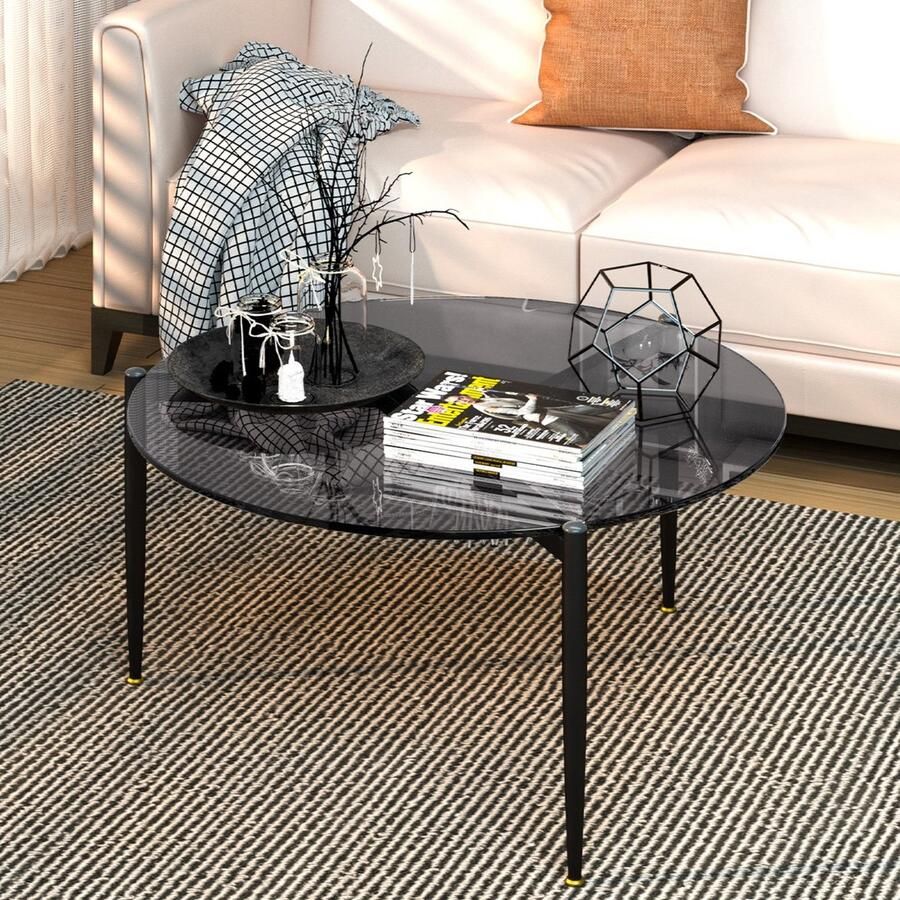 Artloge Salontafel Bijzettafel Rond Koffietafel 80 x 40 cm Getint Grijs Gehard Glas met Zwart Metalen Frame Woonkamer Slaapkamer kantoor