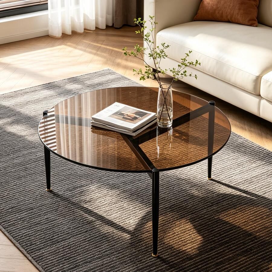 Artloge Salontafel Bijzettafel Rond Koffietafel 80 x 40 cm Getint Bruin Gehard Glas met Zwart Metalen Frame Woonkamer Slaapkamer kantoor - Foto 2