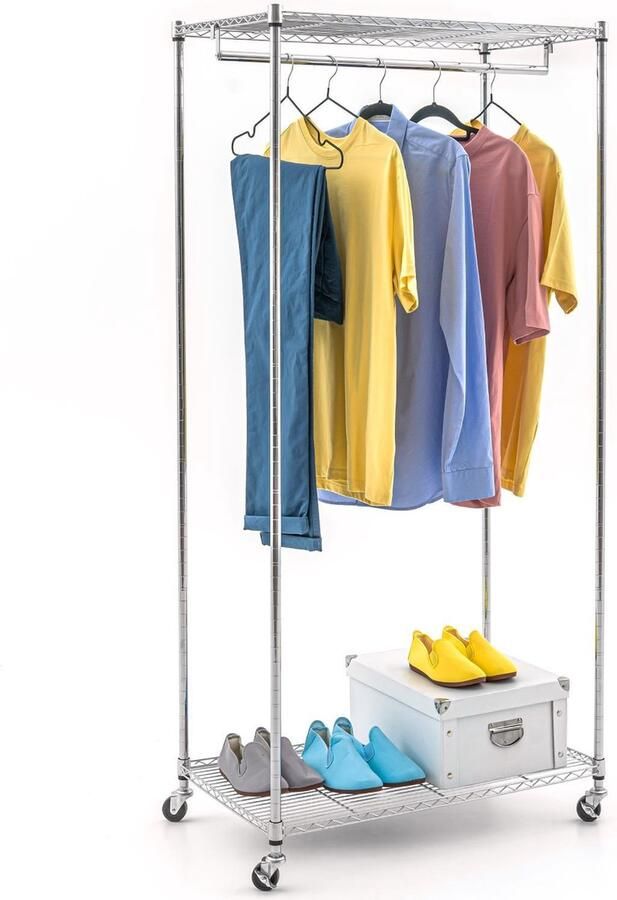 Artmoon BUFFALO Stevige Open Verrijdbare Garderobekast Met Schoenenrek Mobiele Kleding Kast Op Wielen Met Kleding Stang Kleren Kledingrek Opbergkast Garderobekast Garderobe Rek Hangkast Legkast Op Wielen Metalen Frame 75 x 45 x 150 cm