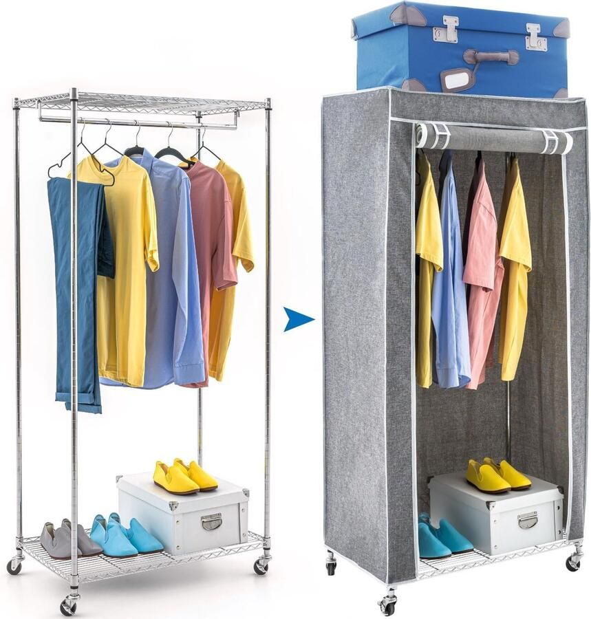 Artmoon BUFFALO Stevige Verrijdbare Garderobekast Met Schoenenrek Mobiele Stoffen Kleding Kast Op Wielen Met Kleding Stang Kleren Kledingrek Opbergkast Zonder Deuren Rek Hangkast Legkast Op Wielen Metalen Frame 75 x 45 x 150 cm Grijs