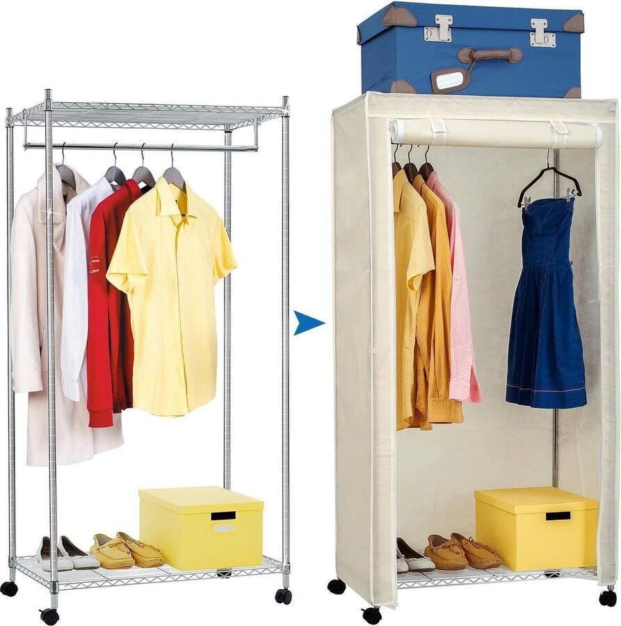 Artmoon Stevige Verrijdbare Garderobekast Met Schoenenrek Mobiele Stoffen Kleding Kast Met Kleding Stang Kleren Opbergkast Zonder Deuren Hangkast Legkast Op Wielen Metalen Frame 75 x 45 x 150 cm