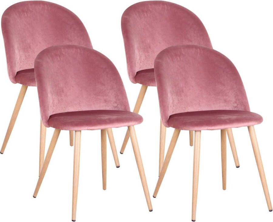 Arvona Velvet Eetkamerstoelen Met Houten Poten Eettafelstoelen Stijlvol Ergonomisch & Comfortabel Set van 4 Roze