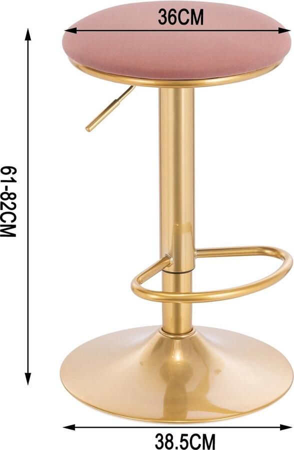 Stijlvol Roze Gouden Ronde Barkruk Fluwelen Zachte Zitting 360º Draaibaar Flexibiliteit Hoogte Verstelbaar 61-82cm Stevige Voetsteun 38 5cm Draagvermogen 120kg- Zitting Diameter 36cm- Ergonomisch Stalen Frame Zeer Stevig 10 4kg Antislip Krasbestendig