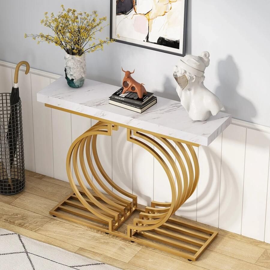 Asaam Store Asaam- Geometrische Entree Moderne Consoletafel Met Gouden Basis Gangtafel Smalle gangtafel Bijzettafel Woonkamer Bijzettafel Wit met Goud