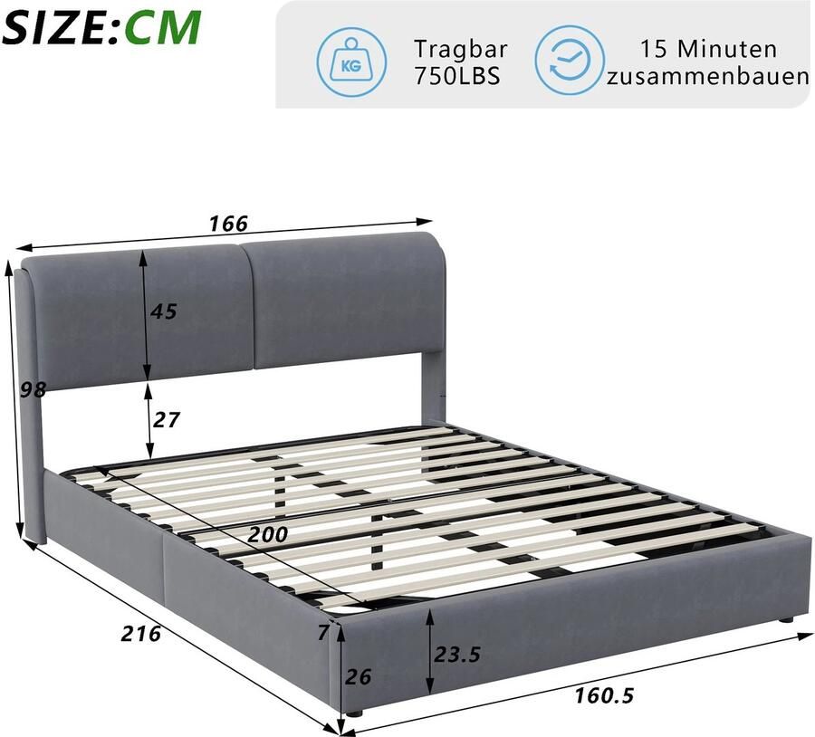 Asaam Store Asaam Gestoffeerd Bed- Lattenbodem en Opbergruimte- LED hydraulisch Opbergbed- Zonder matras -Fluweel- Grijs -160 x 200 cm