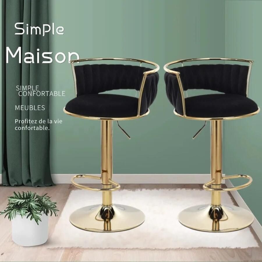 Asaam Store Asaam Luxe Barkrukken Set van 2 Barkruk Barstoel met Voetensteun en Rugleuning Zwart met Goud