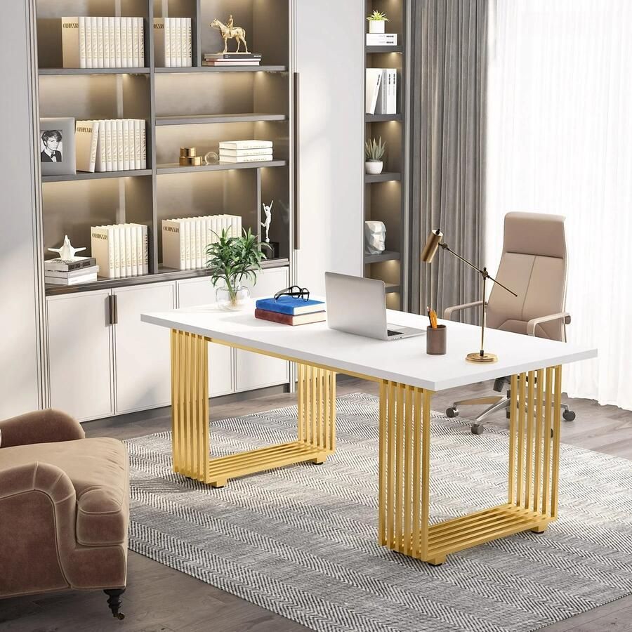Asaam Store Asaam Modern Bureau- Houten Computerbureau- Wit Directiebureau- Gouden Metalen Poten- Modern Bureau 180 cm (L) x 60 cm (B) x 75 cm (H)