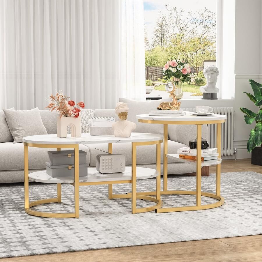 Asaam Store Asaam Moderne combinatie salontafel- Nesting salontafel set van 2- Verstelbare antislipvoeten- Bijzettafel voor woonkamer- Kantoor A Gold Kleur !