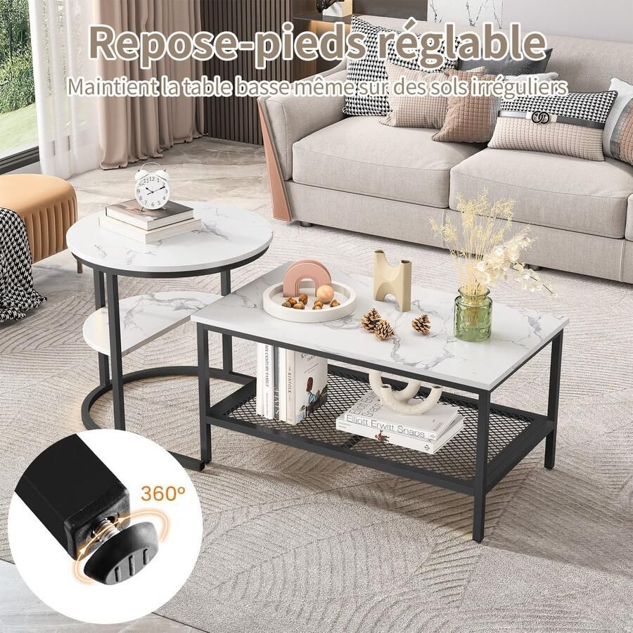 Asaam Store Asaam Moderne combinatie salontafel- Nesting salontafel set van 2- Verstelbare antislipvoeten- Bijzettafel voor woonkamer- Kantoor A-Black Kleur !