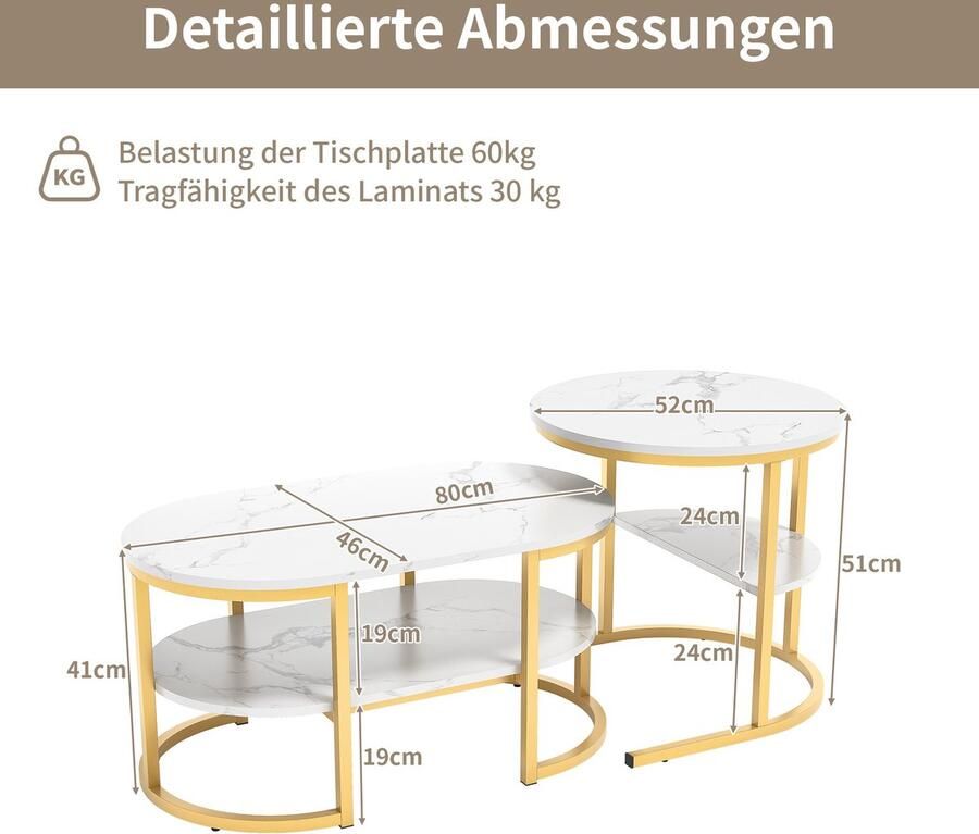 Asaam Store Asaam Moderne combinatie salontafel- Nesting salontafel set van 2- Verstelbare antislipvoeten- Bijzettafel voor woonkamer- Kantoor B-Goud Kleur !