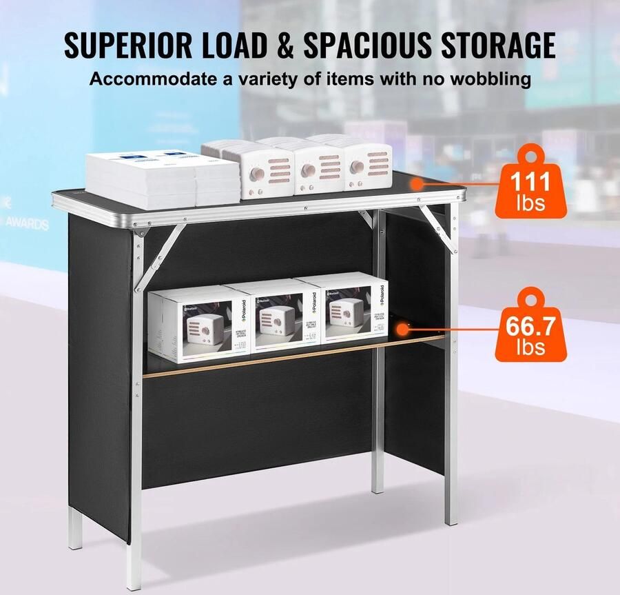 Asaam Store Asaam Opvouwbare Draagbare Bartafel -Tradeshow Podiumtafel- Party Picknick Tentoonstelling Omvat Draagtas Opbergplank En Rok (15.16 x38.39x34.25 inch)