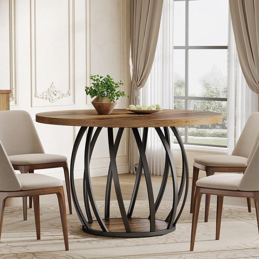 Asaam Store Asaam ronde eettafel118 cm- Houten keukentafel- Stevig metalen onderstel ronde tafel voor 4-6 personen Rustiek bruin