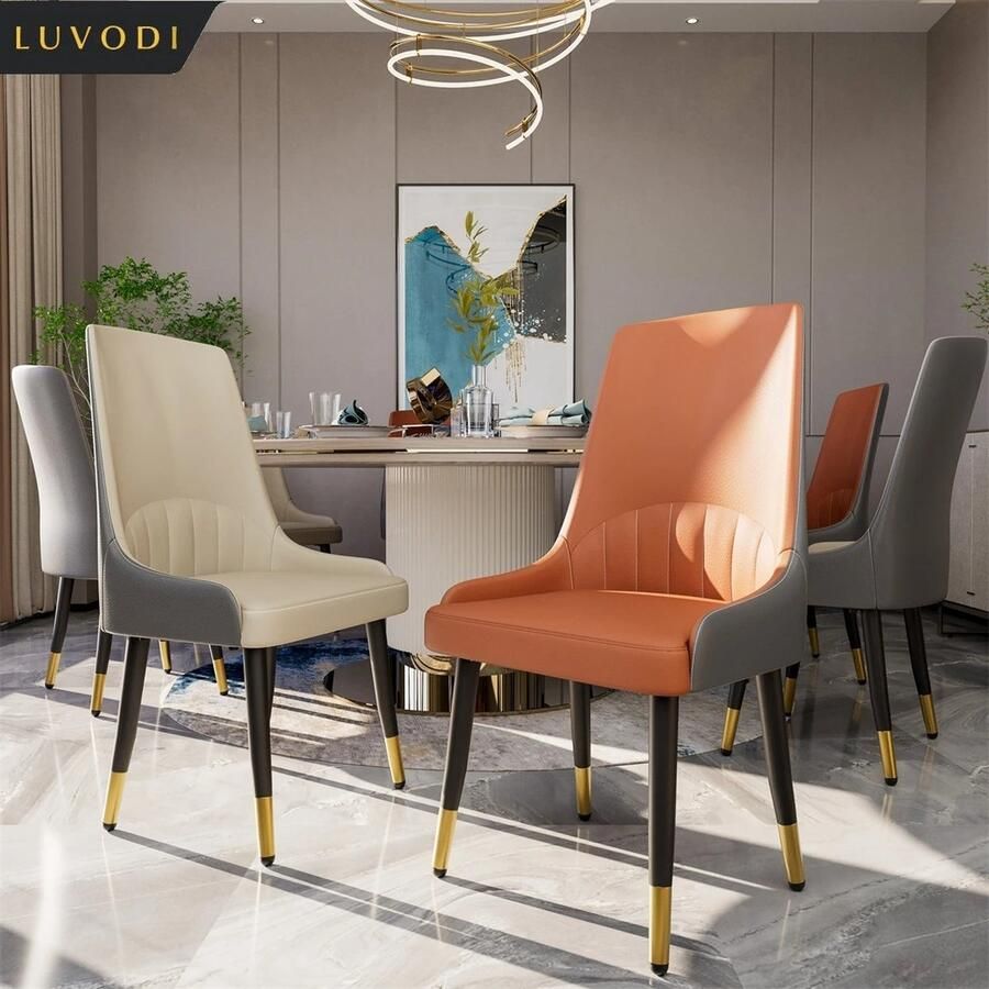 Asaam Store Asaam Set van 2 Eetkamer stoelen Moderne Keuken Eetkamerstoelen Met Metalen Poten Woonkamerstoelen Set van 2 stuks Beige- Lederen Eetkamerstoelen Met Armen