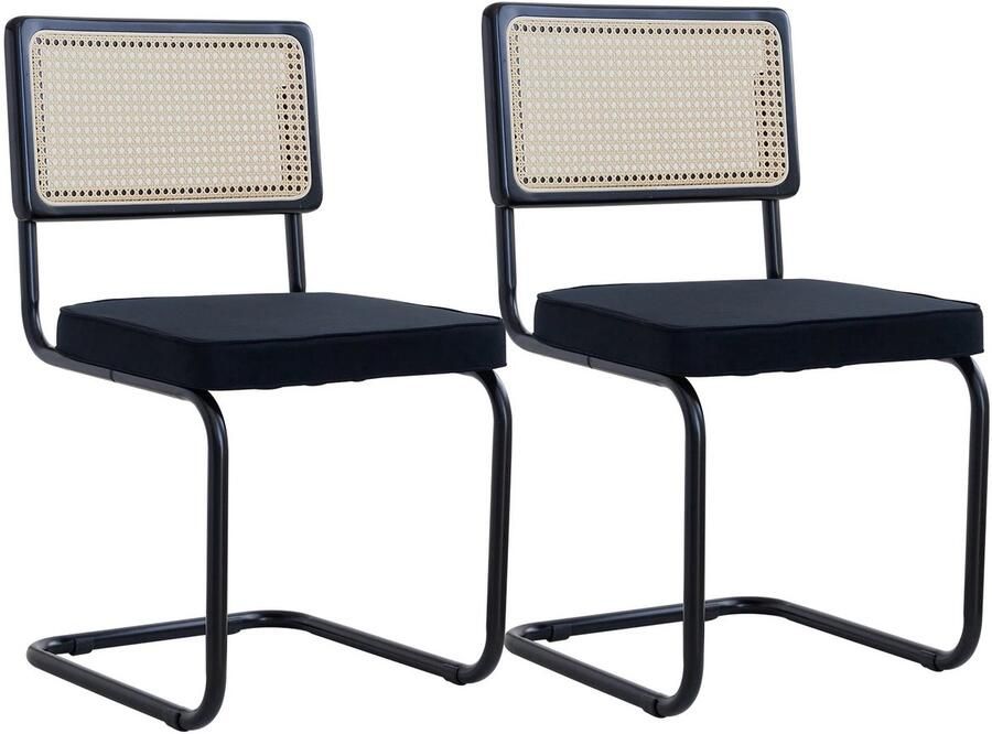 Asaam Store Asaam Set van 2 Retro Eetkamerstoelen- Plastic Rotan -Stoelen Thuis- Slaapkamer -Bureau Rugleuning- Kruk Boog -Computer Kantoor -Gestoffeerde Zitting -Black-Velvet