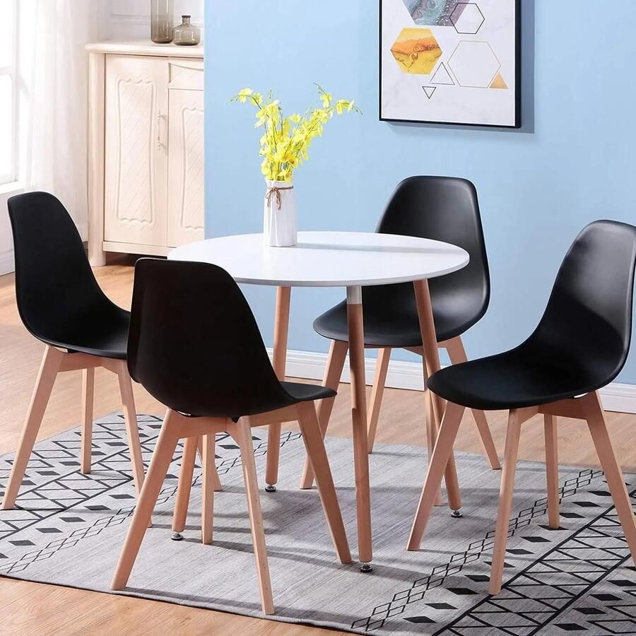 Asaam Store Asaam Set van 4 eetkamerstoelen & Ronde Eettafelset Massief Houten Poten- Voor Woonkamer-Eeetkamer- Keuken- Kantoor -Tafel diameter 80 com
