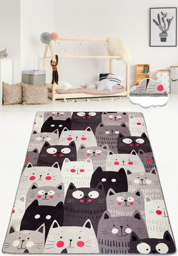 Asir hal-tapijt (200 x 290 cm) – multicolor met schattige kattenprint