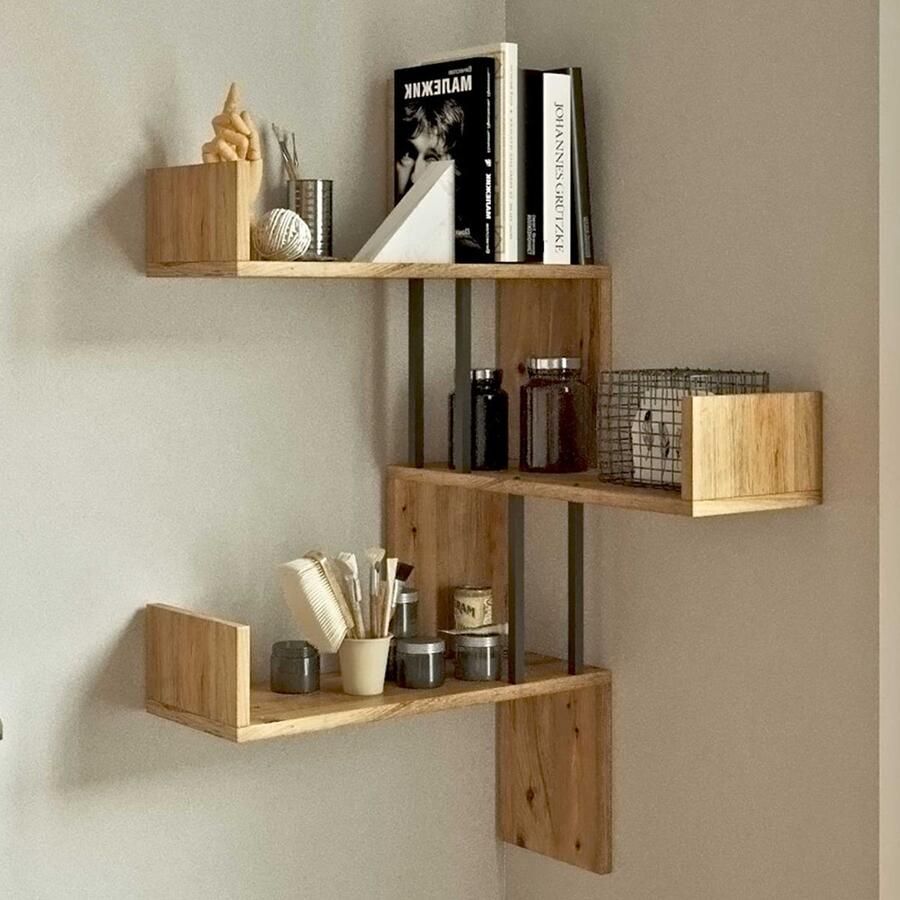 Emob Moderne Multifunctionele Wandplank met Opbergvakken 100% Melamine Gecoat 18mm Dikte 60x109.4x60cm Atlantic Pine Hoekwandrekken Bruin Melamine Hoekwandrekken Op voorraad - Foto 3