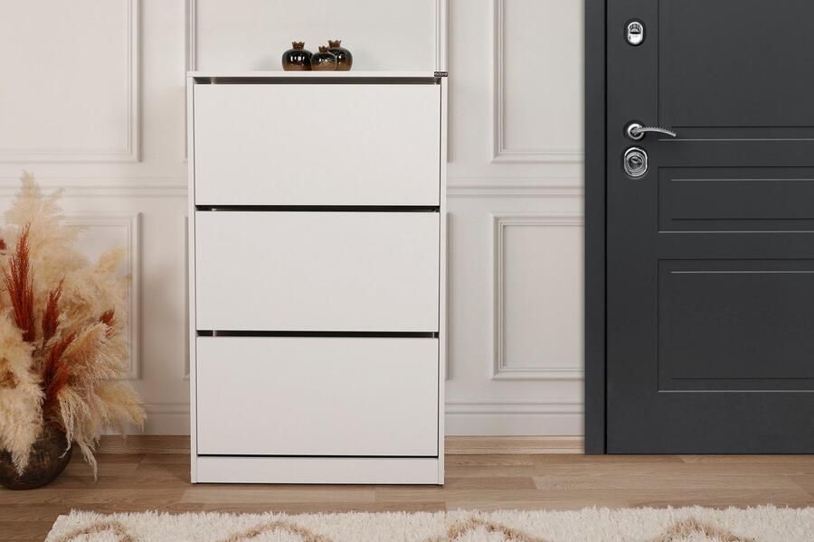 Asir schoenenkast. 100% GEMELAMINEERDE SPAANPLAAT. Dikte: 16 mm. Breedte: 73 cm Hoogte: 119 cm Diepte: 26 cm. 3 lades. Kan aan de muur worden bevestigd