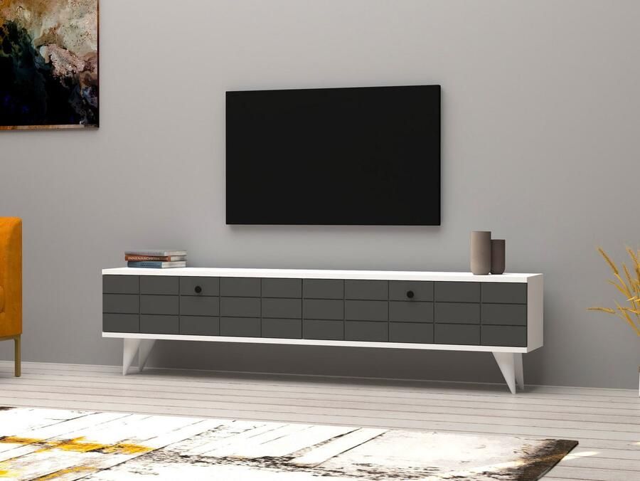 Asir tv-standaard. 100% GEMELAMINEERDE SPAANPLAAT. Dikte: 18 mm. Massief houten deur. Kunststof Benen. Breedte: 160 cm Hoogte: 35 cm Diepte: 25 cm. Talrijke planken. Extra opslag