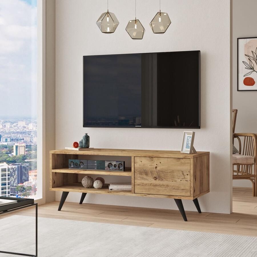 Emob Modern TV-meubel met veel ruimte 100% gemelamineerd spaanplaat Atlantic Pine Woonkamerkasten Bruin Melamine Woonkamerkasten Op voorraad - Foto 2