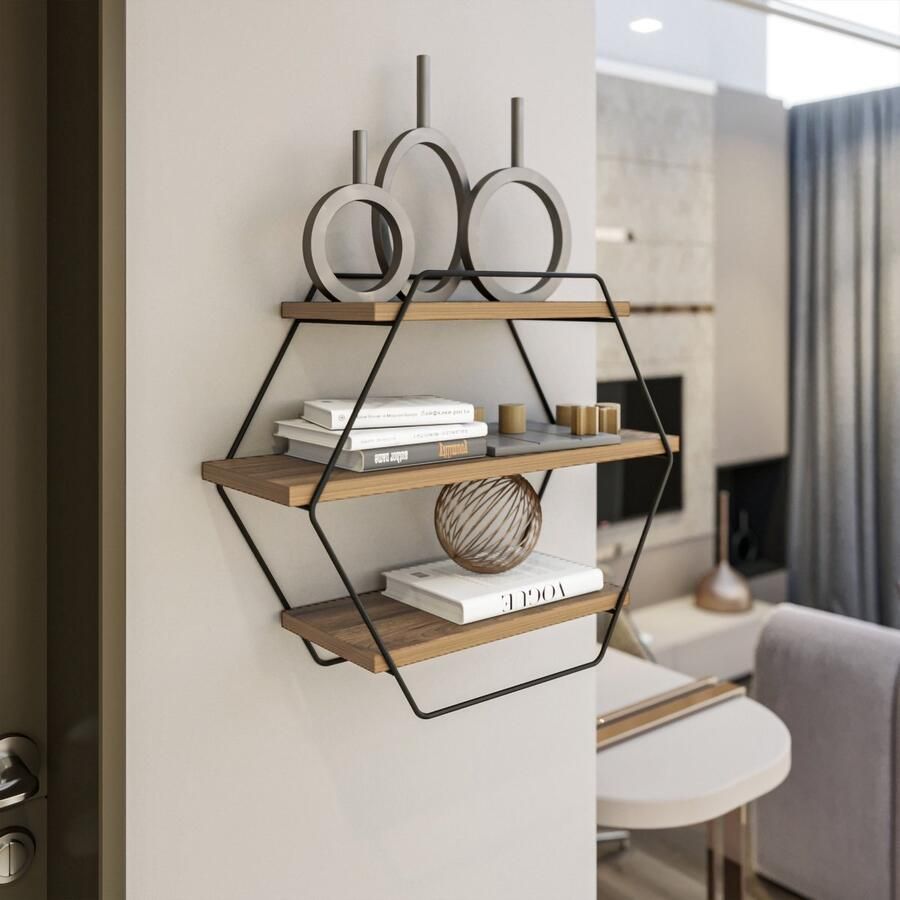 Emob Wandplank 100% Melamine Gecoat Metalen Frame Atlantic Pine Wandplanken Bruin; Zwart Melamine Wandplanken Op voorraad