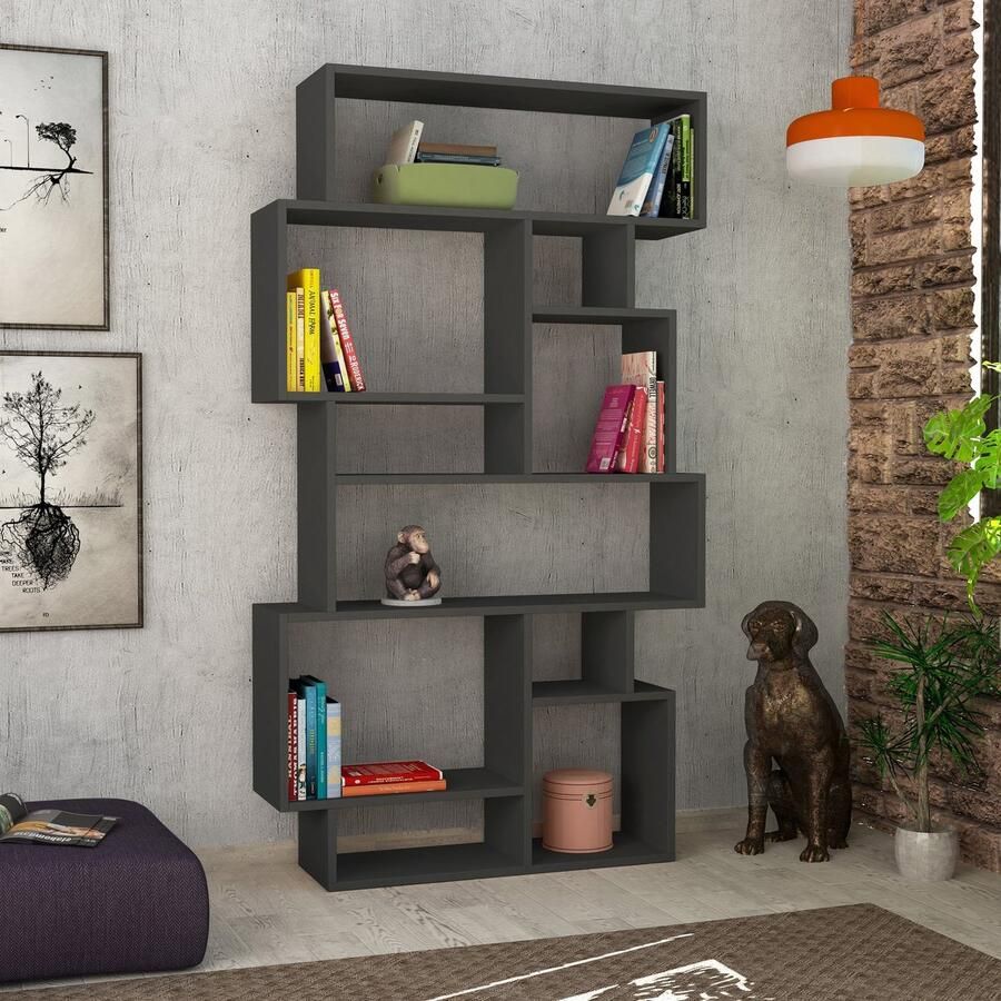 Emob Stijlvolle Woody boekenplank 100% Melamine 18 mm dik Antraciet Open boekenkasten Antraciet Melamine Open boekenkasten Op voorraad