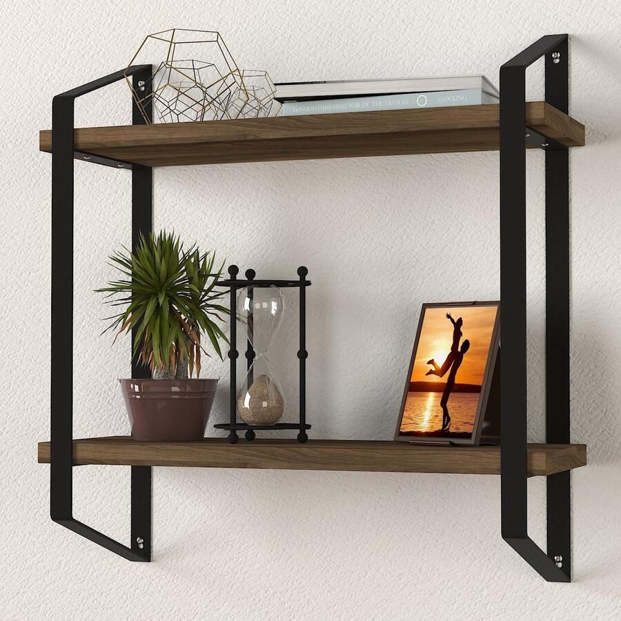 Asir Group Tera Home 18mm Wandplank Metalen Frame Walnoot Zwart Woonaccessoires outlet Bruin; Zwart Metaal; Spaanplaat Woonaccessoires outlet Op voorraad