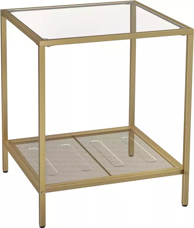 AT Shop A.T. Shop bijzettafel 2-laags accenttafel met gehard glazen blad metalen frame mesh plank voor woonkamer slaapkamer gouden en transparante kleu