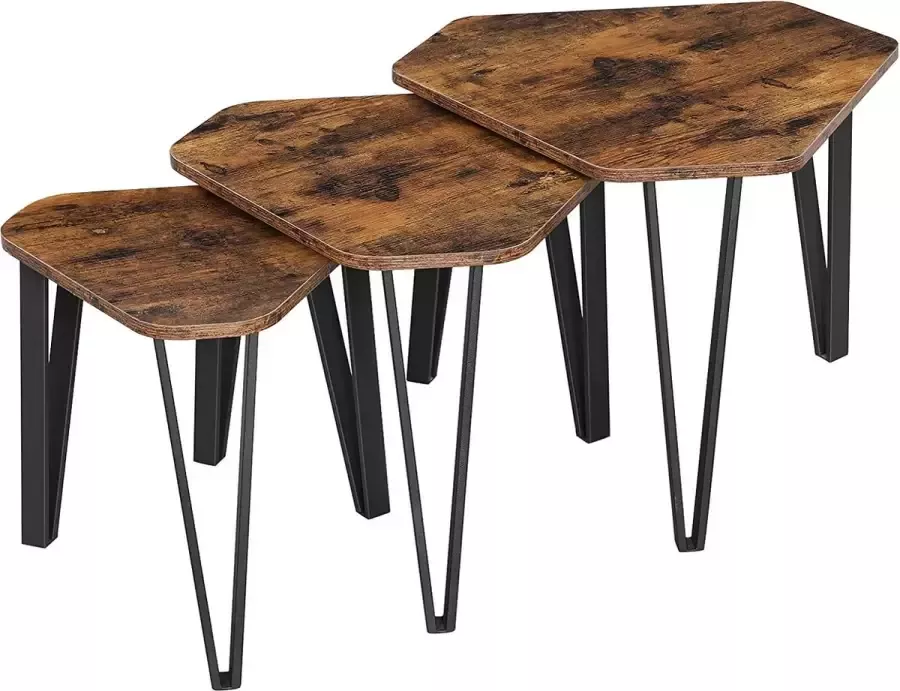 A.T. Shop Bijzettafel set van 3 salontafel nachtkastje met metalen poten decoratief eenvoudige montage industrieel design vintage bruin-zwart
