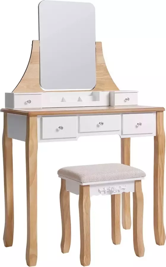 At-shop A.T. Shop kaptafel met roterende spiegel zonder frame cosmetische tafel kaptafel make-uptafel met Ottomaanse kruk 5 laden verplaatsbare opbergdoos witte natuurlijke