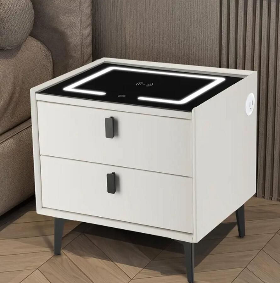 Atelier Volto Slim Nachtkastje met LED-Verlichting 2 Lades & Draadloos Opladen – Modern Design voor de Slaapkamer Wit