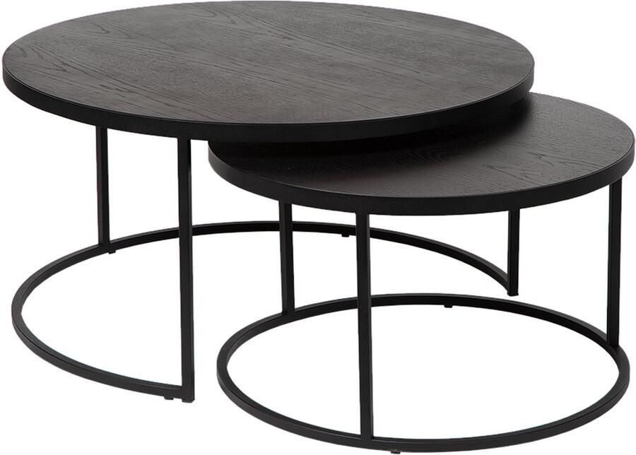 Atmooz Salontafel Shafir Set van 2 Ø 80 cm en Ø 60 cm Zwart Houten Tafelblad met Metalen Onderstel Moderne Koffietafel Set