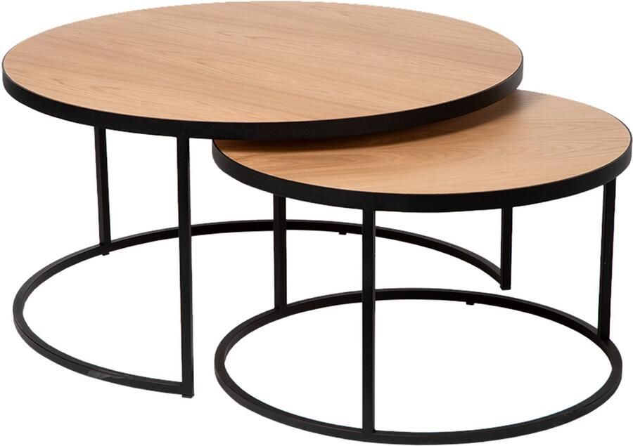 Atmooz SHAFIR S 2 – Salontafel set – 2 ronde tafels – Ø 80 en Ø 60 cm – Hout & zwart metaal – Naturel – Afgeronde randen