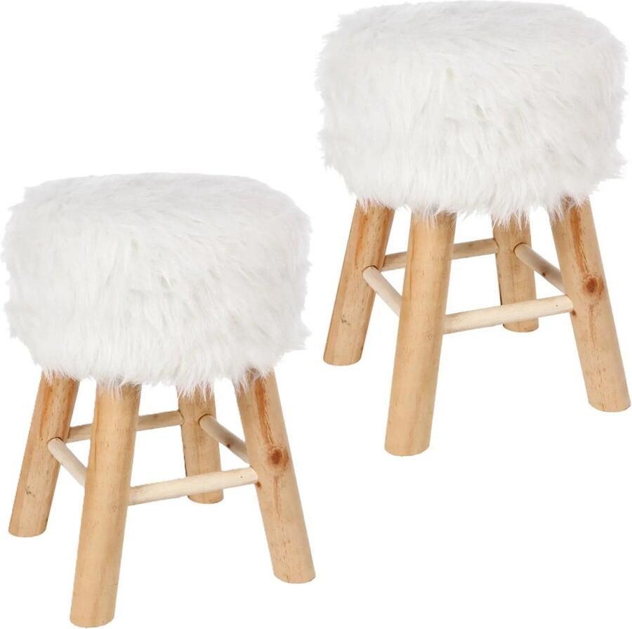 Atmosphera Bijzet krukje zit krukje Oslo 2x houten onderstel stof wit D30 x H42 cm