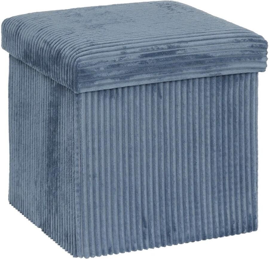 Atmosphera Hocker Poef Essestial Ribcord opvouwbaar blauw MDF polyester 38 x 38 cm met opbergruimte extra zitplaatsen