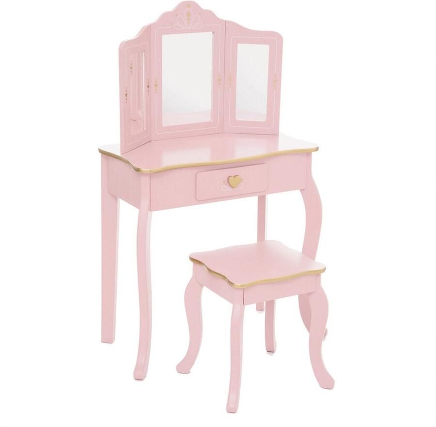 Atmosphera Sisi Kaptafel make up visagie tafel hartje design kinderkamer meisje met krukje roze met gouden afwerking